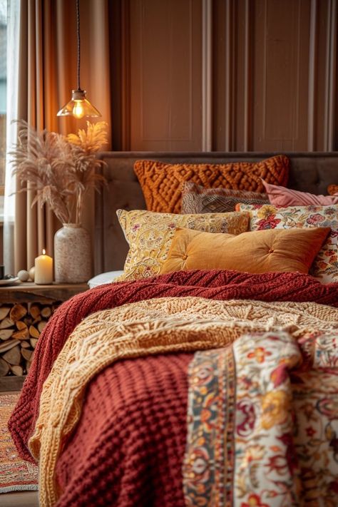 Taupe And Orange Bedding, Cozy Fall Bed, Layered Bedding Ideas, Autumn Bedding, Organizing Walk In Closet, Fall Bedroom Decor, Cozy Fall Bedroom, Mantel Design, Fall Bedding