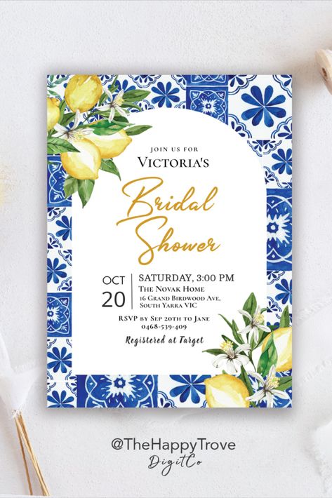 Mediterranean Blue Tiles and Lemon Bridal Shower Invite, Italian, Amalfi Coast, Positano, Navy Blue, Yellow, digital download, template, printables Navy And Lemon Wedding, Bridal Shower Greece Theme, Mediterranean Invitations, Amalfi Coast Bachelorette, Positano Themed Bridal Shower Ideas, Almafi Coast Bridal Shower Theme, Blue And Yellow Bridal Shower Ideas, Lemon And Blue Bridal Shower Theme, Positano Bridal Shower Theme