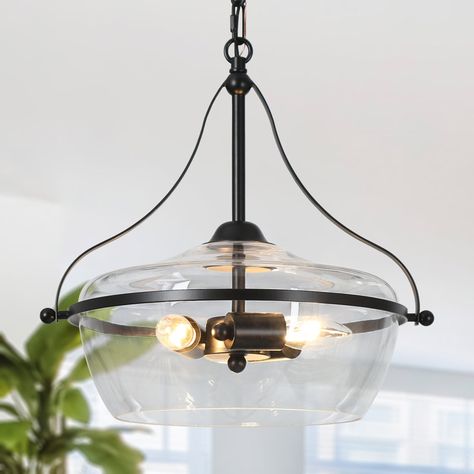 Longshore Tides Hannahs 3-Light Unique/Statement Drum Chandelier | Wayfair Dome Kitchen, Black Industrial Chandelier, Glass Farmhouse, Kitchen Island Pendant Light, Farmhouse Light, Cage Chandelier, Kitchen Island Chandelier, Industrial Chandelier, Island Pendant Lights