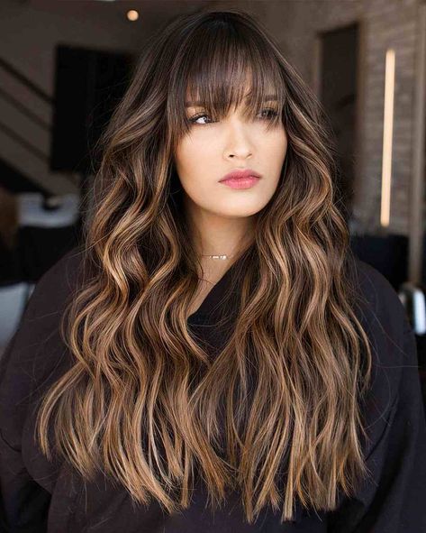 Brown Hair Pale Skin, Bangs And Balayage, Different Types Of Bangs, Brown Hair With Blonde Balayage, Honey Blonde Balayage, Blonde Hair Balayage, Types Of Bangs, Honey Balayage, Hair Pale Skin