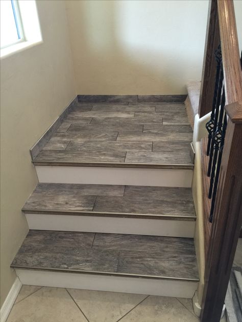 Porcelain wood look tile stairs Basement Paneling, Laminate Flooring On Stairs, Stairs Cladding, Tiled Staircase, Laminate Stairs, Installing Laminate Flooring, Porcelain Wood Tile, Hardwood Stairs, Diy Staircase