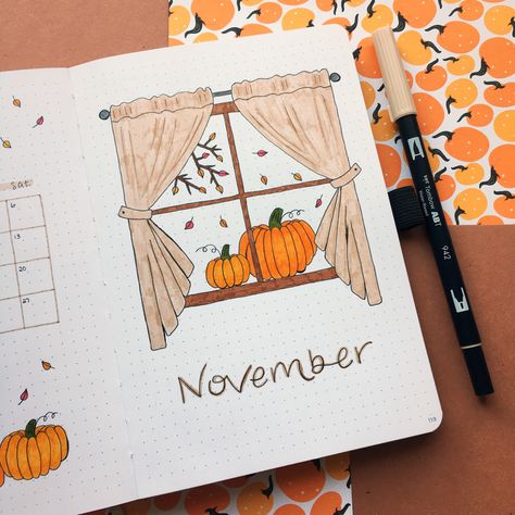 november fall window bullet journal theme #bujo #bujoideas #bulletjournal #bulletjournaling #bulletjournalideas Fall Bujo Cover, November Bujo Theme Ideas, November Journal Spread, Bujo November Mood Tracker, November Reading Journal, November Bulletin Journal Ideas, November Page Bullet Journal, Fall Bullet Journal Theme, November Bullet Journal Cover Easy