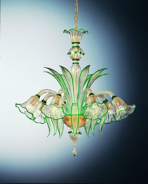 VENETIAN GLASS CHANDELIER "PORTOFINO" WITH 8 LIGHTS - VENETIAN BLOWN GLASS Green Decoration, Green Chandeliers, 8 Light Chandelier, Lantern Floor Lamp, Murano Chandelier, Blown Glass Art, Italian Lighting, Murano Glass Chandelier, Green Decor