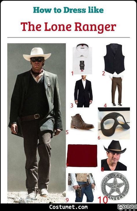 John Reid, the lone ranger costume is a white dress shirt underneath a black vest and blazer, brown pants, a red scarf, and a black eye mask. He also sports a white cowboy hat and his Texas Ranger star. #Male #male #movies #Disney #western #cowboy #TheLoneRanger #sheriff Movie Costume Ideas Men, Boys Diy Halloween Costumes, Lone Ranger Costume, Cowboy Costume For Men, Black Eye Mask, Cowboy Halloween Costume, Film Theme, Boys Halloween Costumes Diy, Ranger Costume