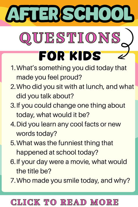 20 Questions to Ask Your Kids After School | If you find it challenging to get your toddler, elementary-aged child, or tween to share more than just 'fine' or 'nothing' about their school day, this post is for you! We've gathered the best questions designed to get kids talking. Skip the yes/no questions and try these fun and creative open-ended prompts to spark meaningful conversations Fun Questions For Kids, Questions To Ask Kids, School Questions, Questions To Ask Your Kids, Conversation Starters For Kids, Yes No Questions, Questions For Kids, Best Questions, Kids Questions