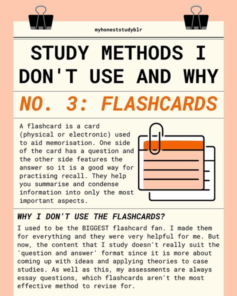 📚 study methods that I DON’T use and why 📚 • QOTD: what do you study? • 💾 𝙎𝙖𝙫𝙚 𝙖𝙣𝙙 𝙨𝙝𝙖𝙧𝙚 𝙩𝙝𝙞𝙨 𝙥𝙤𝙨𝙩 𝙛𝙤𝙧 𝙧𝙚𝙛𝙚𝙧𝙚𝙣𝙘𝙚 𝙖𝙣𝙙 𝙩𝙤 𝙝𝙚𝙡𝙥 𝙚𝙣𝙜𝙖𝙜𝙚𝙢𝙚𝙣𝙩! (𝙖𝙣𝙙 𝙛𝙤𝙡𝙡𝙤𝙬 @myhoneststudyblr 𝙛𝙤𝙧 𝙢𝙤𝙧𝙚!) • ⬅️ 𝙨𝙬𝙞𝙥𝙚 𝙩𝙤 𝙨𝙚𝙚 𝙢𝙮 𝙩𝙞𝙥𝙨 • I have done lots of posts talking about how I study and the methods I use to revise for exams. And a little while ago I shared my four favourite methods which you were all interested in! But I thought today I should share the methods that I DON’T use and why exactly they aren’t useful for m... Sin Cos, Memorization Techniques, Study Method, Finanse Osobiste, Studying Tips, School Study Ideas, Student Journal, Study Apps, Best Study Tips