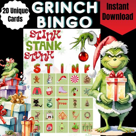 Grinch Bingo, Christmas Party Classroom, Grinch Stink Stank Stunk, Adults Christmas Party, Christmas Activity For Kids, Grinch Characters, Christmas Gift Exchange Games, Christmas Bingo Game, Christmas Gift Games