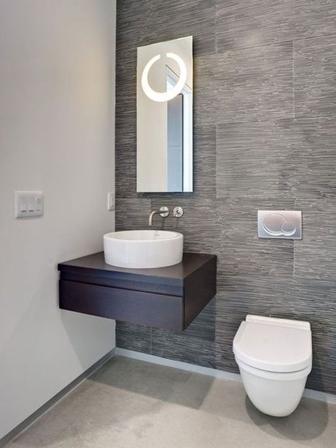 Small Bathroom Ideas - Bob Vila Half Bathroom Ideas Modern, Modern Half Bathroom, Powder Room Ideas Modern, Powder Bathroom Ideas, Modern Powder Rooms, Minimalist Dekor, Interior Design Minimalist, Powder Room Design, Bathroom Solutions