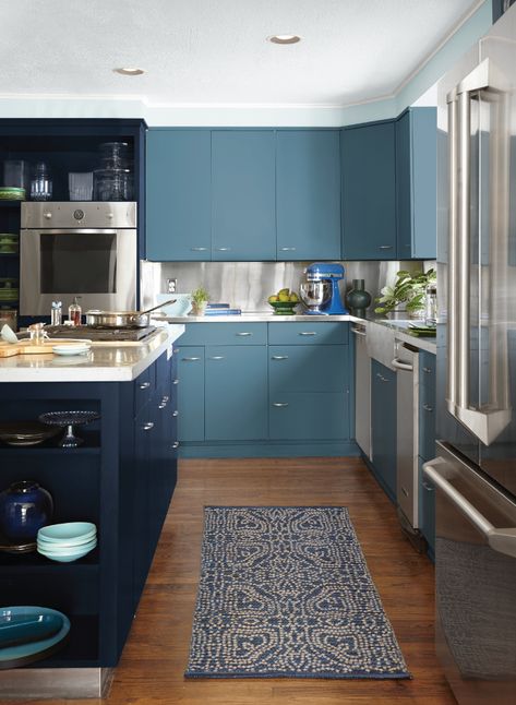 Colorfully, BEHR :: Color of the Year: Blueprint Cabinets: Blueprint S470-5 and Dark Navy S530-7, Walls: Watery HDC-CT-26, Trim: Swiss Coffee 12 Kitchen Cabinets With Black Appliances, Contemporary White Kitchen, Cream Kitchen Cabinets, Kitchen Cabinet Trends, Painted Kitchen Cabinets Colors, Refacing Kitchen Cabinets, Best Kitchen Cabinets, Blue Kitchen Cabinets, Fresh Kitchen