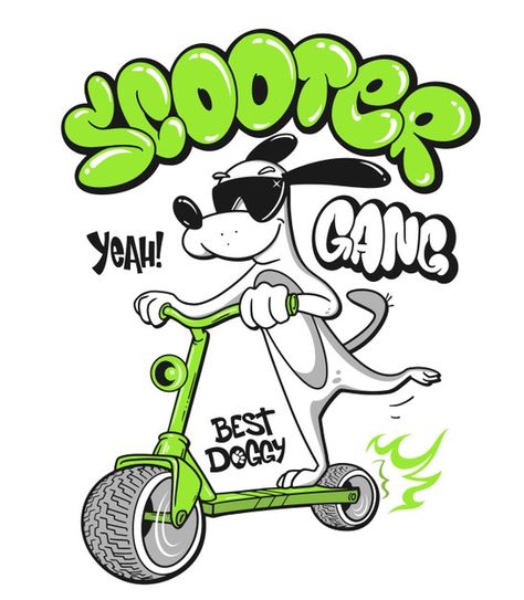 Cartoon dog riding a scooter shirt print... | Premium Vector #Freepik #vector Typography Shirt Design, Typography Tees, Fashion Typography, Tshirt Printing Design, Hiasan Bilik, T Shirt Design Vector, Graphic Tshirt Design, Shirt Print Design, Graphic Design Fun