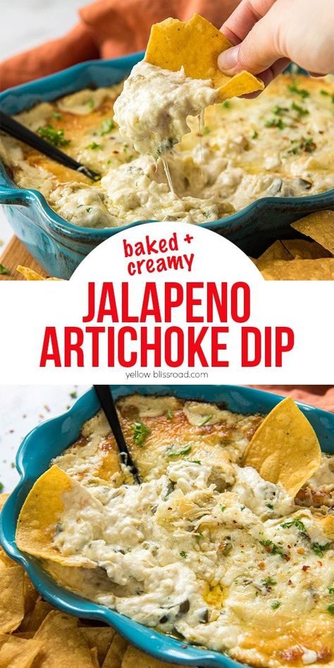 Jalapeno Artichoke Dip, Artichoke Jalapeno Dip, Warm Dip Recipes, Green Chilis, Baked Artichoke, Jalapeno Dip, Creamy Jalapeno, Artichoke Dip Recipe, Game Day Party