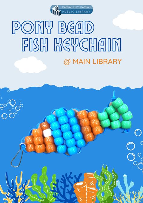 Join us for Craft Thursday! Enjoy making this fin-tastic pony bead fish keychain! Ages: 5 to 12 years old. All materials provided. Please register online or by calling (913) 295-8250 ext. 1013. Limit 20.  All leftover supplies will be available for pick-up starting Friday, July 8, as a to-go craft. Simple Pony Bead Patterns, Pony Bead Fish, Pony Beads Patterns, Anna Banna, Bead Pets Pattern Easy, Pony Bead Keychain Patterns, Pony Bead Animals Patterns, 3d Kandi, Bead Pets