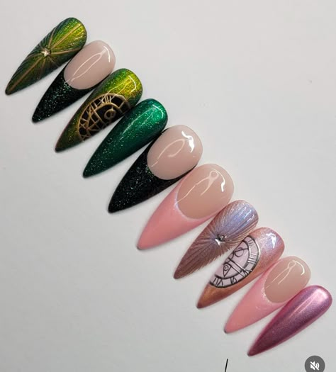 Wicked Movie Nails, Wicked Nails Designs, Wicked Nail Art, Wicked Themed Nails, Wicked Musical Nails, Wicked Nail Designs, Wicked Nails Musical, Poly Gel Nail Designs, Wicked Inspired Nails