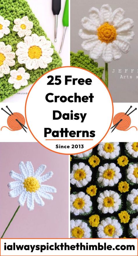 Daisies Crochet Pattern, April Crochet Ideas, Crochet A Daisy Flower, Crochet Daisy Motif, Yarn Daisy Diy, Free Pattern For Crochet Flowers, Small Crochet Daisy Free Pattern, Crochet Daisies Free Pattern, Crocheted Daisy Free Pattern