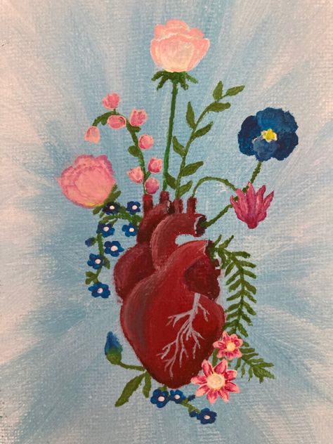 Heart Canvas Painting Aesthetic, Real Heart Painting On Canvas, Flower Heart Painting, Floral Heart Painting, Heart Anatomy Painting, Painting Of Human Heart, Heart Flower Painting, Asthetic Drawings Simple Flower, Painting Ideas For Love