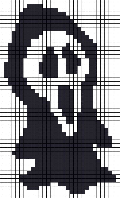 Alpha pattern #51771 | BraceletBook Scream Cross Stitch Pattern, Trippy Crochet Tapestry, Ghost Face Alpha Pattern, Black And White Tapestry Crochet, Halloween Pixel Grid, Ghostface Pixel Art, Simple Alpha Patterns Crochet, Skull Cross Stitch Pattern, Ghost Face Halloween