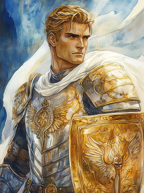 Clad in gleaming armor that mirrors his knightly spirit, Balinor is a paladin of legend, now known only in the stories wet nurses tell their wards. His golden hair flows like sunlight, his eyes as clear as a summer sky reflect his steadfast devotion. A master of the sword and shield, this guardian carries an intricately engraved shield emblazoned with the emblem of his holy quest. #human #paladin #dnd #characterart #aiart #dndart #dungeonsanddragons #fantasy #artwork #characterdesign #character. Spirit Guardian Dnd, Golden Mask Fantasy Art, Aasimar Character Art, Oath Of Redemption Paladin, Paladin Dnd Character Design, Aasimar Dnd Male, Human Paladin Male, Dnd Paladin Art, Paladin Fantasy Art