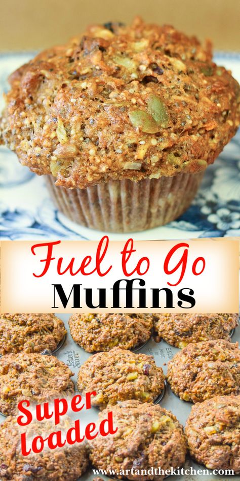 These Fuel to Go Muffins really live up to their name, they are seriously LOADED with a ton of super healthy ingredients! Try them once and you’ll have everyone begging you to make more. via @artandthekitch Bran Muffin Recipes, Morning Glory Muffins, Healthy Breakfast Muffins, Healthy Muffin Recipes, Homemade Muffins, Healthy Ingredients, Healthy Muffins, Breakfast Muffins, Super Healthy