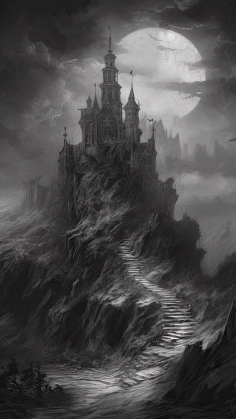 Charcoal Fantasy Art, Dark Fantasy Castle Art, Spooky Nature Aesthetic, Medieval Castle Tattoo Design, Midevil Tattoos Sleeve, Gothic Castle Drawing, Dark Castle Art, Gothic Castle Art, Viking Castle