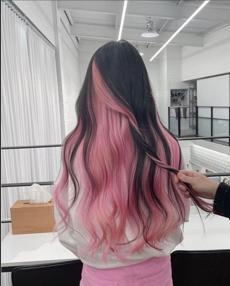 Black On Top Pink Underneath Hair, Pink Hair Tips Black, Black Roots Pink End, Pink Ombre Black Hair, Hidden Hair Dye Ideas, Pastel Pink Streaks In Black Hair, Light Pink Peekaboo Hair Dark Brown, Black Pink Ombre Hair, Pink Bottom Hair