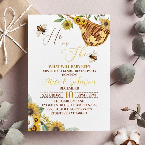 Bee Gender Reveal Invitation, Bumble Bee Theme, Bee Themed Gender Reveal, Gender Reveal Dress, Themed Gender Reveal, Gender Reveal Decor, Gender Reveal Unique, Bee Gender Reveal, Gender Reveal Decorations