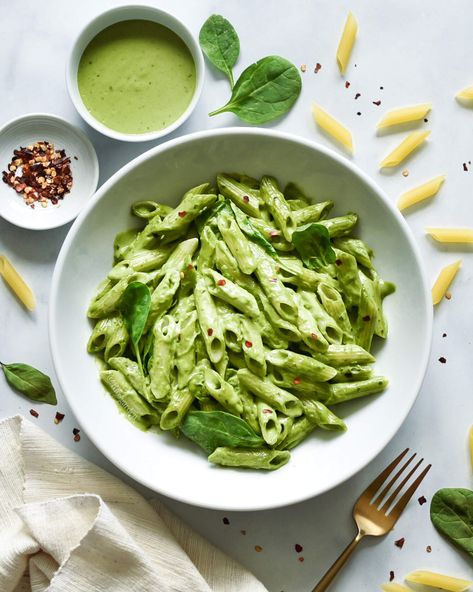 Creamy Spinach Pesto Penne — Rio's Garden Penne Pesto, Shio Koji, Pine Nut Pesto, Pesto Spinach, Spinach Pesto, Rice Porridge, Creamy Pesto, Creamy Spinach, Pesto Sauce