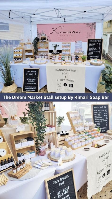 Dive into Kirsten's world, where handmade soaps become a masterpiece! 👩‍🚀💖 From crafting dreamy products to perfecting the art of a captivating stall setup; ✅ Mastered Branding ✅ Dreamy Decor with textures and eye-catching colours ✅ The White Gazebo - A Stall Dream Come True ✅ Perfect Display Heights ✅ Crystal Clear Pricing ✅ Ideal Stock Balance - Not too much, not too little This Stall is what dreams are made of! WE LOVE IT #marketstalldisplay #handmadesoap #stallholderinspo #stallinspo Vendor Booth Display Ideas Bath Products, Soap Retail Display, Spa Booth Display Ideas, Skincare Market Stall, Soap Stands Display Ideas, Candle Pop Up Shop Display Table Ideas, Soap Craft Show Display, Candle Market Stall, Soap Market Display