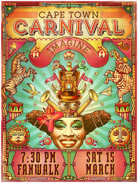 African Inspired Graphics: Cape Town Carnival Poster by Illustrator, Muti Carnival Poster, Vintage Circus Posters, Circus Design, Circus Aesthetic, Carnival Posters, Circus Poster, Circus Art, Carnival Themes, Illustration Agency