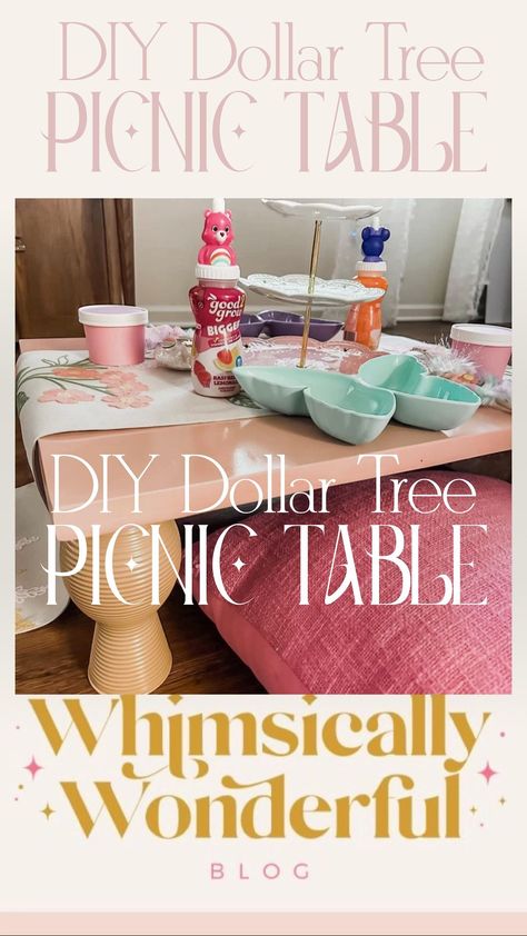 Kara Adams on Instagram: “Slow that scroll! DIY Dollar Tree picnic table coming your way! My major diy project of the summer and I’m so excited about it! About a…” Dollar Tree Picnic Ideas, Diy Low Table For Kids Party, Diy Kids Table For Party, Diy Kids Party Table, Kids Picnic Table Diy, Diy Boho Picnic Table, Picnic Table Party, Picnic Diy, Diy Kids Table