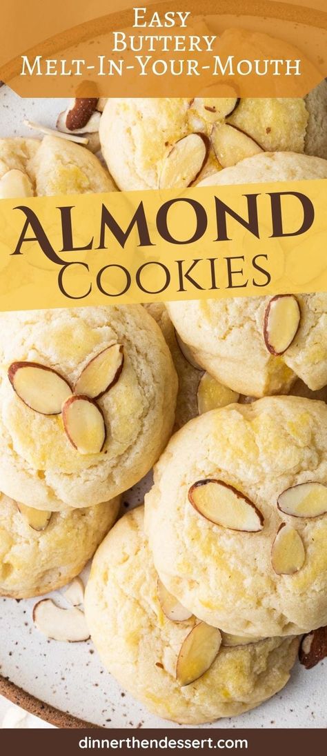 Almond Cookies are the perfect, easy, melt-in-your-mouth, buttery cookie finished with sliced almonds over the top. Try them today! Chocolate Marshmallow Cookies, Almond Desserts, Salted Caramel Pretzels, Chocolate Chip Shortbread Cookies, Almond Meal Cookies, Lil Luna, Toffee Cookies, Almond Flavor, Spice Cookies