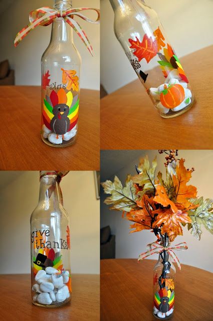 Halloween Wine Bottles Diy, Thanksgiving Glasses, Halloween Wine Bottle Decorations, Thanksgiving Wine Bottle, Diy Thanksgiving Decorations, Turkey Wine, Halloween Wine Bottles, Bottle Decorations, Liquor Bottle Crafts