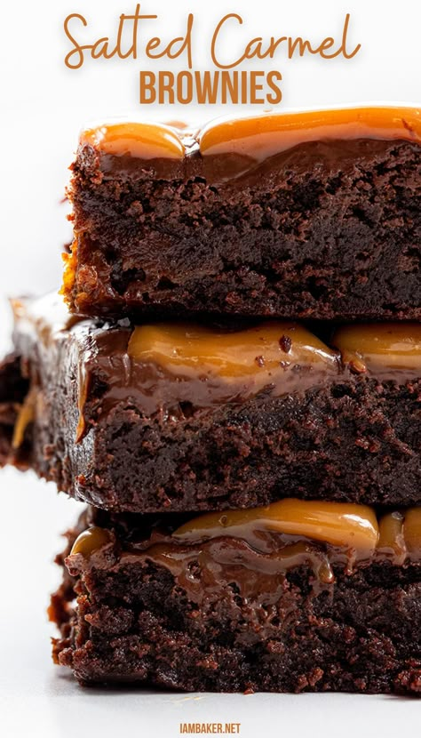 A stack of three salted caramel brownies. Caramel Brownie Cake, Cookies With Caramel Squares, Recipes That Use Caramel Sauce, Sea Salt Caramel Brownies, Sea Salt Caramel Cake, Caramel Extract Recipes, Caramel Swirl Brownies, Caramel Bits Recipes, Starbucks Drinks Caramel