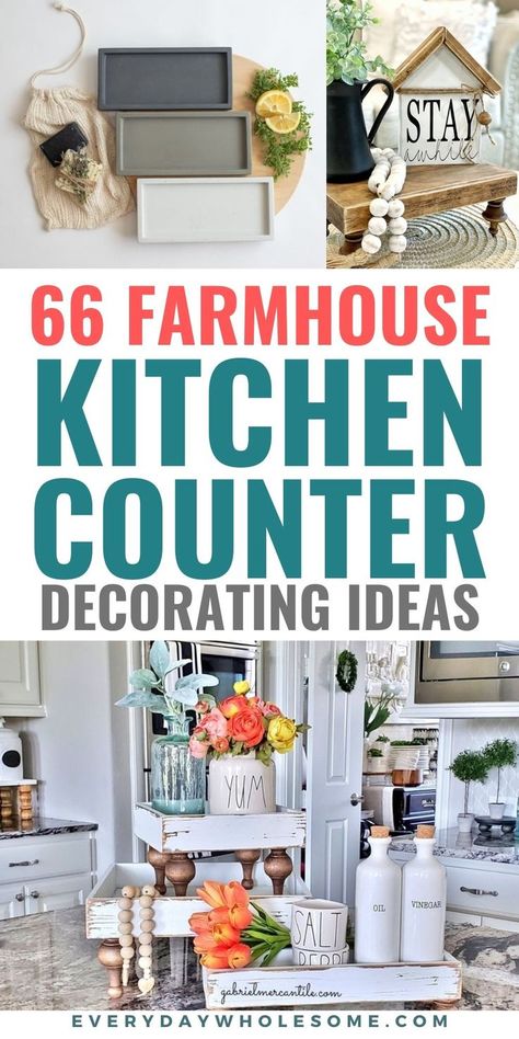 New for 2021! Fresh Modern Farmhouse Kitchen Counter Decor Ideas for your kitchen countertop decor, counter organization, island decor, kitchen decorating ideas. Modern Farmhouse Kitchen Home Decor Ideas. Kitchen remodel, redecorating, decor, rustic kitchen ideas & inspiration. Small kitchen organization, kitchen cabinet organzation, kitchen counter storage & organization ideas. #kitchencounterdecor #kitchendecor #farmhousekitchen #modernfarmhousekitchen #kitchenisland #kitchencounters #kitchen Modern Farmhouse Kitchen Counter Decor, Farmhouse Kitchen Counter Decor Ideas, Farmhouse Kitchen Counter Decor, How To Decorate Kitchen Counters, Kitchen Countertop Decor Ideas, Kitchen Counter Decor Ideas, Countertop Decor Ideas, Interior Design Country, Counter Decor Ideas