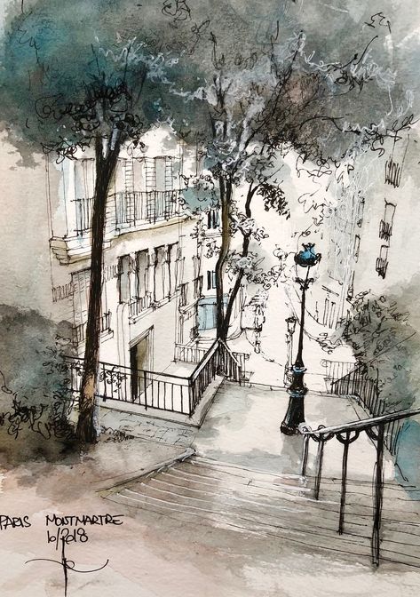 Architecture Drawing Sketchbooks, Watercolor Architecture, Siluete Umane, Montmartre Paris, Architecture Drawing Art, Architectural Drawing, 수채화 그림, Urban Sketchers, Arte Sketchbook