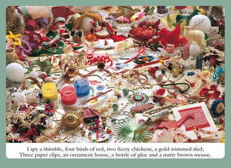 I Spy a Thimble, 4 Birds of Red, 2 Fuzzy Chickens, a Gold-Trimmed Sled,  3Paper Clips, an Ornament House, a Bottle of Glue & a Nutty Brown Mouse. I Spy Books, I Spy Games, I Spy, 90s Kids, Christmas Books, Christmas In July, Digital Wallpaper, Cool Wallpaper, Picture Book