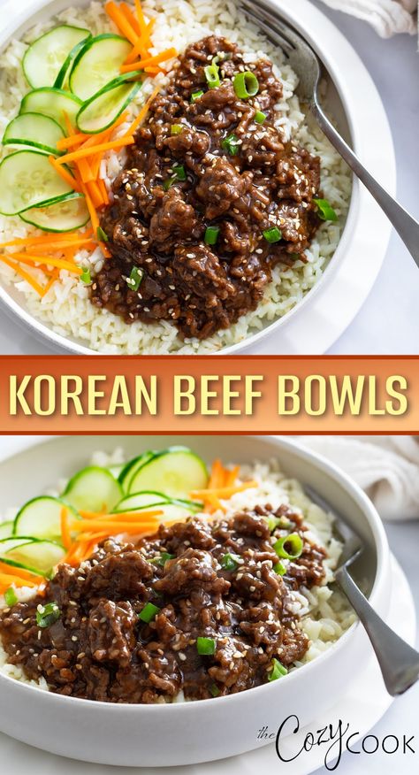 bowl full of beef and rice covered in a brown sauce. Ground Beef Soy Sauce Recipes, Spicy Korean Beef Bowl, Mongolian Beef Bowl, Korean Bbq Beef Bowl, Ground Beef Recipes For One Person, Ground Chicken Bowls, Korean Ground Beef Bowl, Beef Sushi, Korean Rice Bowl