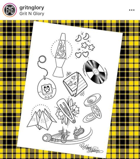 2000s Theme Tattoo, 90s Tattoos Black And White, 80s Flash Tattoo, 70s Flash Tattoo, 90s Tattoo Ideas Small, Themed Flash Sheets, 2000s Flash Tattoo, 90s Childhood Tattoo Ideas, 90s Cartoon Flash Tattoo