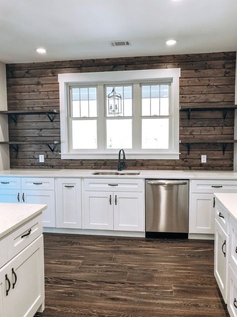 Kitchen Wall Remodel Ideas, Farmhouse Accent Wall Kitchen, Wood Walls In Kitchen, Wood Shiplap Backsplash Kitchen, Shiplap Wall Kitchen Farmhouse, Wood Accent Wall Kitchen, Shiplap Accent Wall Kitchen, Accent Kitchen Wall, Shiplap Kitchen Wall