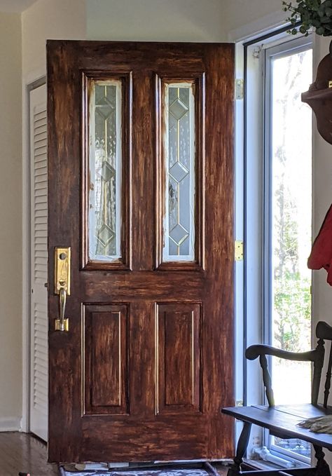 How to Stain a Steel Door to Look Like Wood - Joyfully Treasured Faux Wood Garage Door Diy, Metal Exterior Doors, Painting Metal Doors, Stained Front Door, Metal Front Doors, Painted Exterior Doors, Faux Wood Garage Door, Garage Door Paint, Metal Doors Exterior