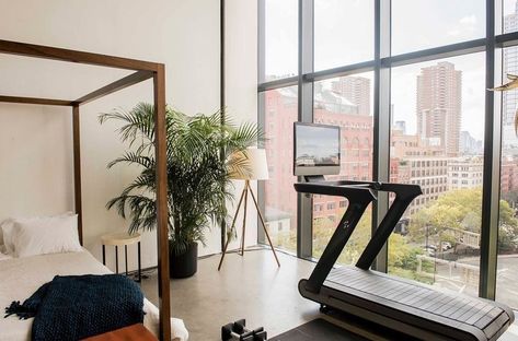 A treadmill in the corner of a bedroom Treadmill In Bedroom, Peloton Room Ideas, Workout Corner, Peloton Room, Bedroom Gym, Home Gym Essentials, Workout Room Home, Gym Room, Workout Rooms