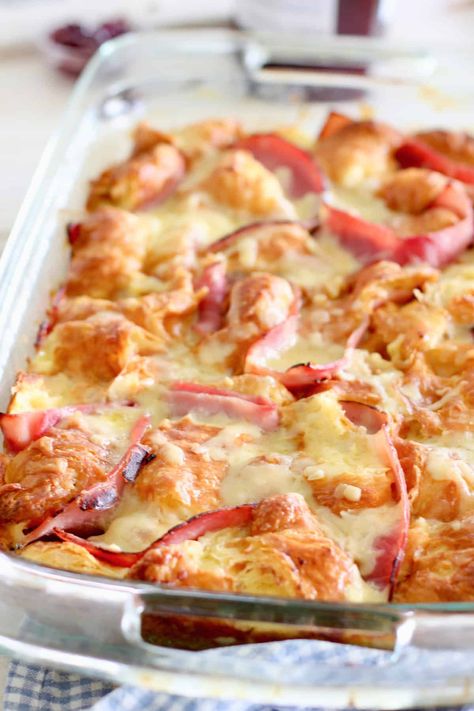 Laughing Spatula Crossiant Casserole Recipes, Croissants Breakfast Casserole, Breakfast Casserole Ham And Cheese, Ham And Cheese Crescent Roll Bake, Croissant Recipe Dinner, Ham And Croissant Breakfast Casserole, Croissant Casserole Breakfast, Baked Croissant French Toast, Breakfast Croissant Ideas