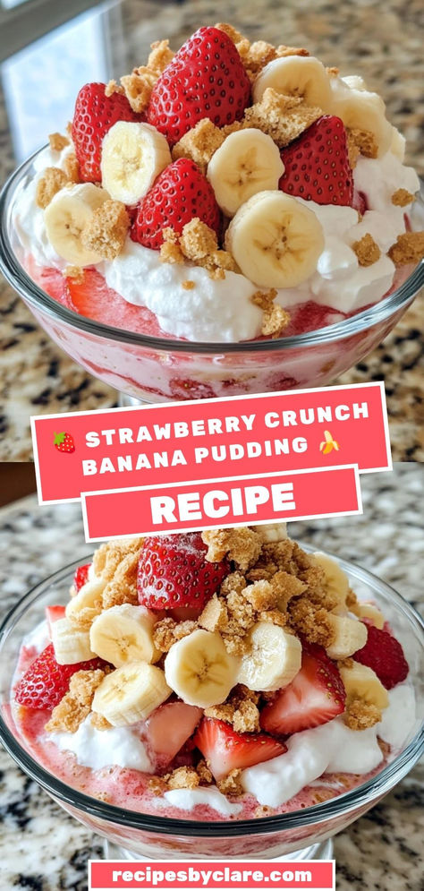 Try this Creamy Strawberry Crunch Banana Pudding! Layers of banana, pudding, and a strawberry crunch topping make this dessert irresistible. 🍓🍌

Ingredients:

1 cup vanilla wafer cookies
3 tbsp melted butter
1 cup fresh strawberries
Top with whipped cream and extra strawberry crunch for a sweet finish! Strawberry Banana Bowl, Banana Pudding With Strawberries, Strawberry Banana Pudding Recipes, Strawberry Cheesecake Banana Pudding, Strawberry Banana Pie, Strawberry Crunch Banana Pudding, Strawberry Banana Pudding, Strawberry Crunch Topping, Creamy Banana Pudding