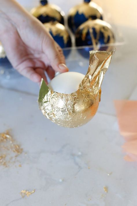 Gorgeous DIY Gold Leaf Ornaments | Sand and Sisal Gold Leaf Ornaments, Bauble Designs, Diy Baubles, Fancy Ornaments, Tiffany Christmas, Diy Gold Leaf, Easy Christmas Craft, Fancy Christmas Ornaments, Gold Christmas Tree Decorations