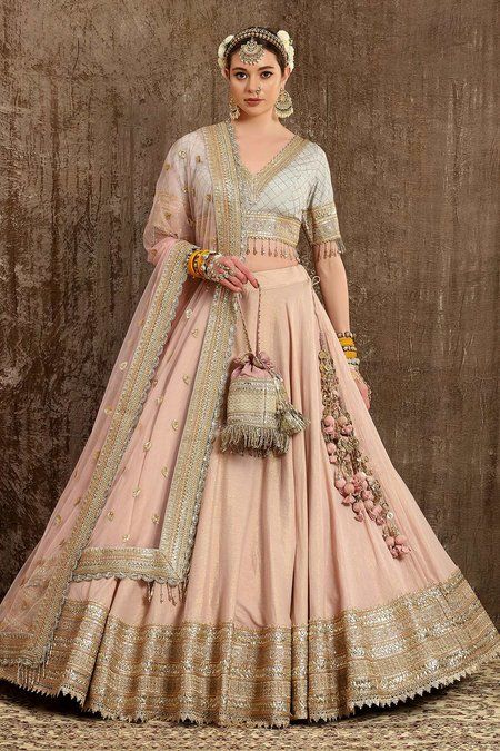 Buy Shikhar Sharma Pink Cotton Shimmer Chanderi Zari Embroidered Lehenga Set Online | Aza Fashions Gold And Green Lehenga, Shimmer Lehenga, Chanderi Lehenga, Tassels Blouse, Bead Tassels, Leaf Sleeve, Emerald Green Blouse, Scallop Border, Lehenga Designs Simple