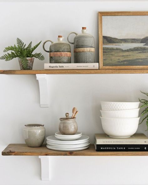 Kitchen Dining Room Shelf Decor, How To Style Open Shelving In Kitchen, Art On Kitchen Shelves, Art In Kitchen Modern, Modern Open Shelf Decor, Open Bottom Shelves Kitchen, Open Shelve Decor Kitchen, Open Shelf Farmhouse Kitchen, Mcgee And Co Kitchen Shelves