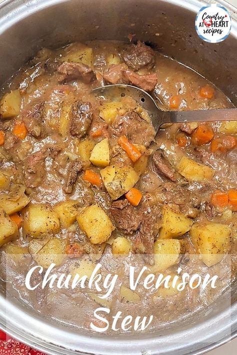 My husband likes to hunt deer and elk in the fall. This Chunky Venison Stew is a wonderful way to use some of the processed meat. There is nothing quite like having meat simmer on your kitchen stove. It smells so good. Meat that simmers for hours and turns so tender that it falls apart in your fork. #chunkyvenisonstew #venisonmeat #stew #soup #comfortfood #countryatheartrecipes https://countryatheartrecipes.com/2014/09/chunky-venison-stew/ Venison Butterfly Steaks Recipes, Deer Stew Recipes, Cooking Deer Meat, Venison Crockpot Recipes, Venison Stew Crockpot, Deer Stew, Venison Stroganoff, Elk Meat, Deer Steak