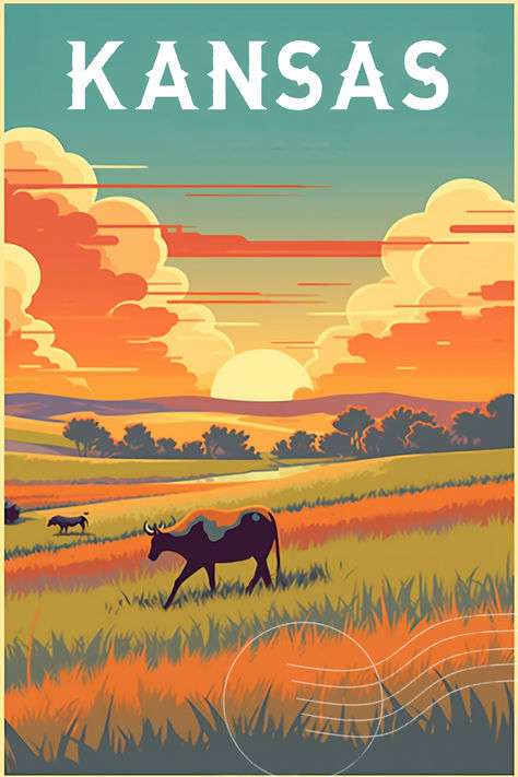 Capture the essence of Kansas's natural beauty, landmarks, and heritage with our Kansas Vintage Travel Poster Print. This high-quality, vintage-inspired print is the perfect addition to your collection for travel enthusiasts. Kansas Aesthetic, Bradbury Thompson, Wanderlust Decor, State Posters, Retro Posters, Travel Poster Design, Tourism Poster, Vintage Poster Design, Retro Travel Poster