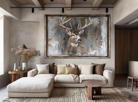 Whitetail Deer Wall Art, Decor For Wood Panel Walls, Hunting Style Living Room, Deer Bedroom Ideas, Living Room With Deer Heads, Deer Mount Living Room, Decorating Ideas For Large Wall Space, Deer Decor Living Room, Hunting Living Room Decor