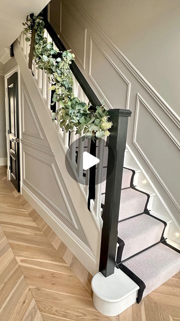 Hallway And Staircase Ideas, Hallway Top Of Stairs, Sage Green Staircase, Christmas Stair Garlands, Stair Wall Design Interiors, Stair Panelling Ideas, Hall Stairs And Landing Ideas, Wfh Motivation, Stairs Landing Decor