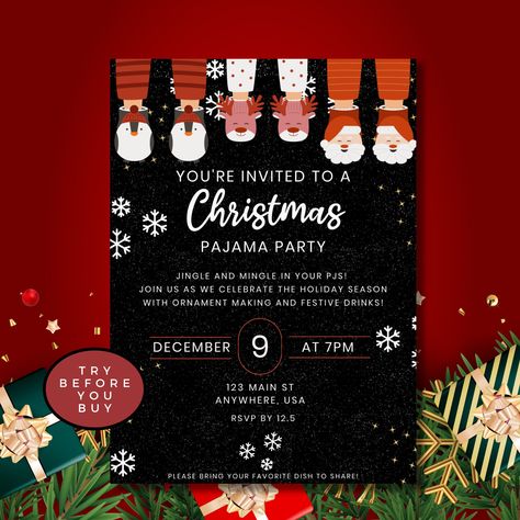 Pajama Christmas Party Invitations, Kids Xmas Party Ideas, Pajama Christmas Party, Christmas Sleepover, Christmas Pajama Party, Girls Christmas Pajamas, Christmas Party Invitation Template, Christmas Pj, Pj Party